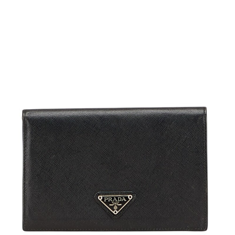 Prada triangular logo plate bifold wallet black leather